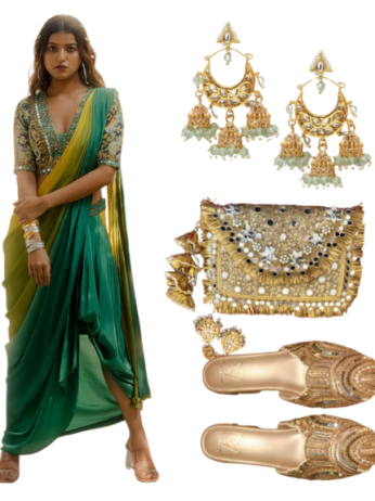 Elegant traditional outfit with a green drape sari skirt, embroidered blouse, gold Kolhapuri flats, statement earrings, and a golden embellished potli bag.