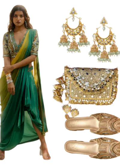 Elegant traditional outfit with a green drape sari skirt, embroidered blouse, gold Kolhapuri flats, statement earrings, and a golden embellished potli bag.