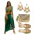 Elegant traditional outfit with a green drape sari skirt, embroidered blouse, gold Kolhapuri flats, statement earrings, and a golden embellished potli bag.